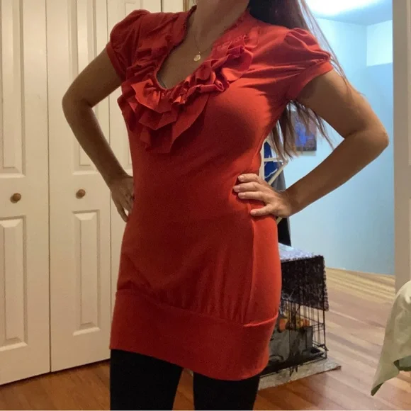 Juniors Size Large Dark Orange Stretch Ruffle Flamenco Style Dress/Long Shirt | Color: Orange/Red | Size: Lj | Selizad35's Closet Juniors Size Large Dark Orange Stretch Ruffle Flamenco Style Dress/Long Shirt | Color: Orange/Red | Size: Lj | Selizad35's Closet